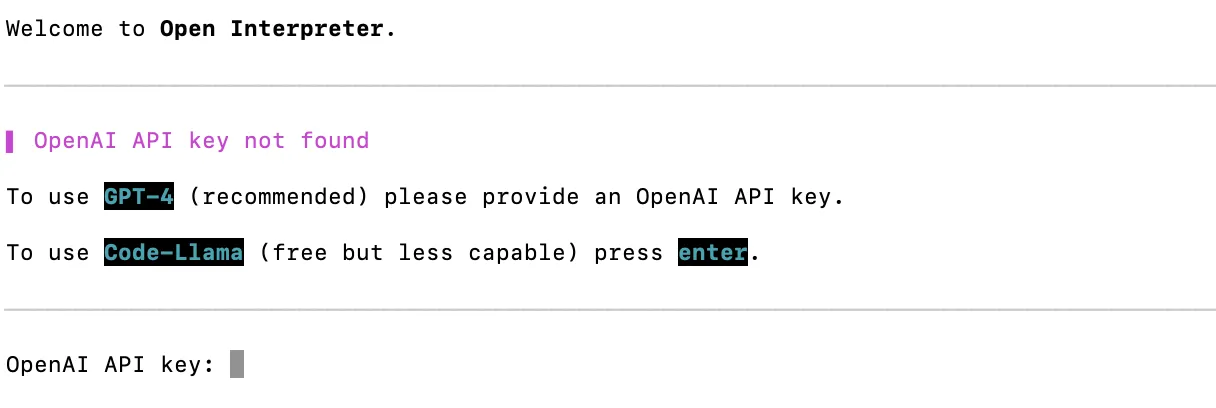 Screenshot of Open Interpreter terminal interface.